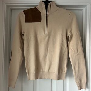 Ralph Lauren Cream Quarter-Zip Sweater with Brown Suede Shoulder/Elbow Patch